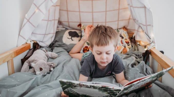 Junge liest im Kinderbett mit Höhle