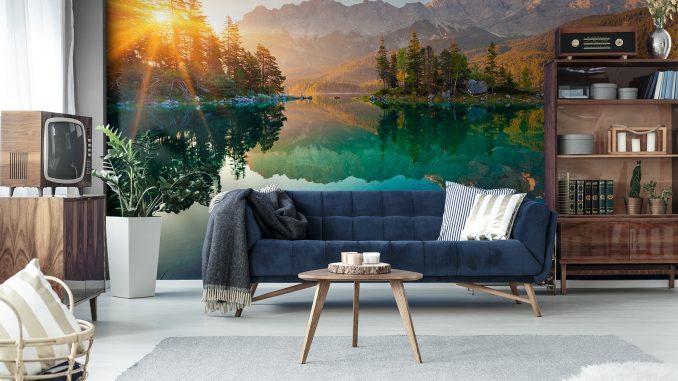 Wohnzimmer mit Fototapete 3D - Landschaft und Sonne